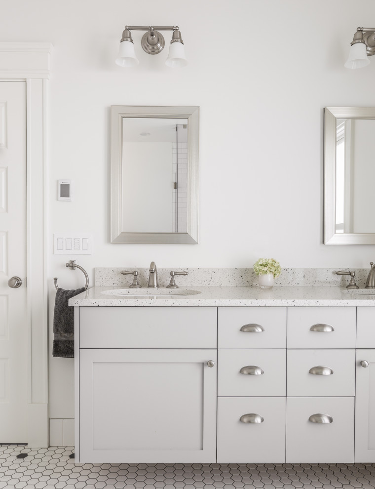 Example of a mid-sized minimalist master white tile and porcelain tile porcelain tile, white floor and double-sink bathroom design in Seattle with flat-panel cabinets, gray cabinets, white walls, an undermount sink, quartz countertops, a hinged shower door, white countertops, a niche and a floating vanity
