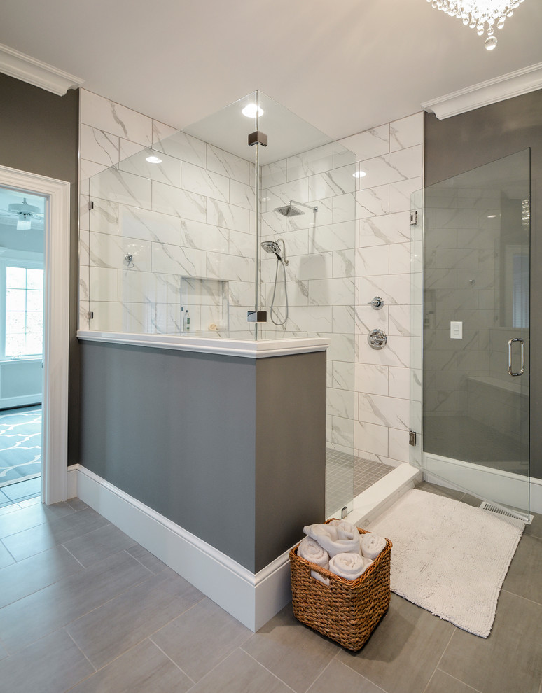 Inspiration for a medium sized traditional ensuite bathroom in Other with shaker cabinets, grey cabinets, a double shower, a two-piece toilet, grey tiles, porcelain tiles, grey walls, porcelain flooring, a submerged sink, engineered stone worktops, grey floors, a hinged door and white worktops.