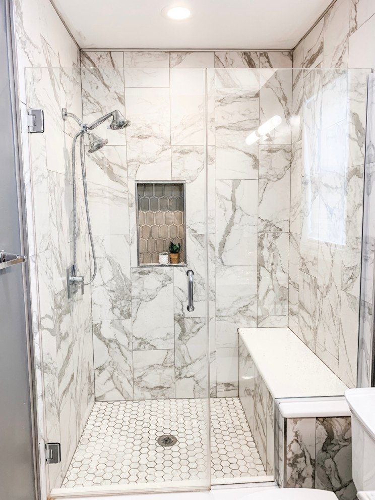 Inspiration for a small contemporary master white tile and porcelain tile bathroom remodel in New York with a hinged shower door