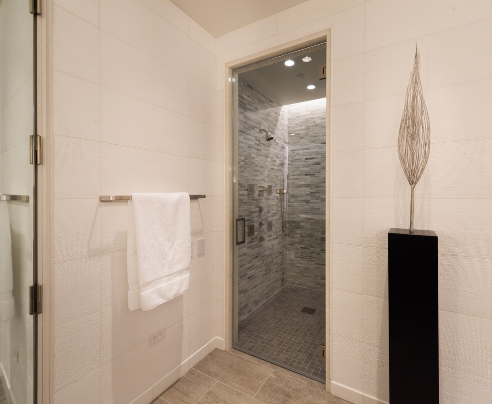 Geräumiges Modernes Badezimmer En Suite mit weißer Wandfarbe und Glasfliesen in Chicago