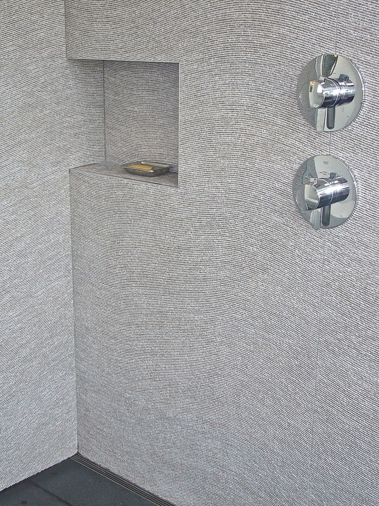 Modelo de cuarto de baño contemporáneo de tamaño medio con ducha esquinera y aseo y ducha