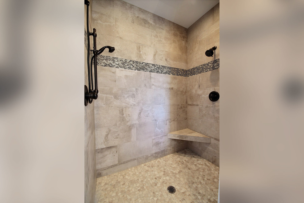 Design ideas for a medium sized classic ensuite bathroom in Portland with recessed-panel cabinets, dark wood cabinets, a built-in bath, an alcove shower, a two-piece toilet, brown tiles, porcelain tiles, beige walls, porcelain flooring, a vessel sink and granite worktops.