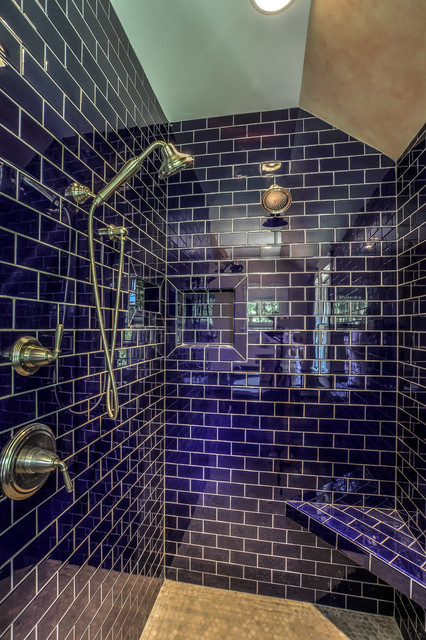 Master Shower With Cobalt Subway Tile, Cobalt Blue Bathroom Wall Tiles