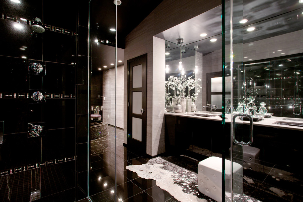 На фото: ванная комната в современном стиле с инсталляцией, черными стенами, полом из керамической плитки и синим полом с