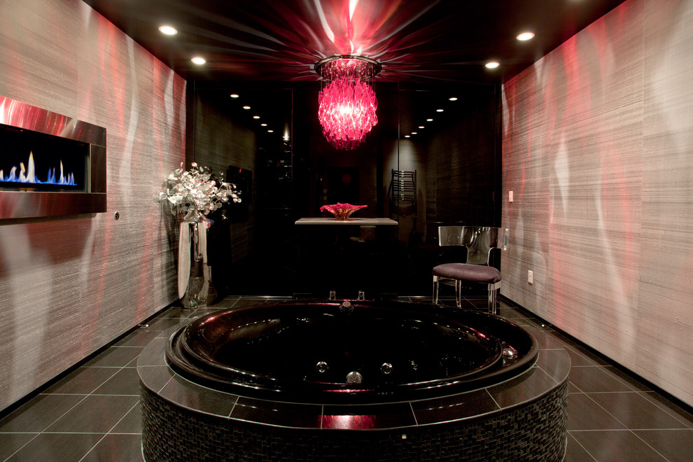 Drop-in bathtub - contemporary gray tile drop-in bathtub idea in Seattle with a vessel sink