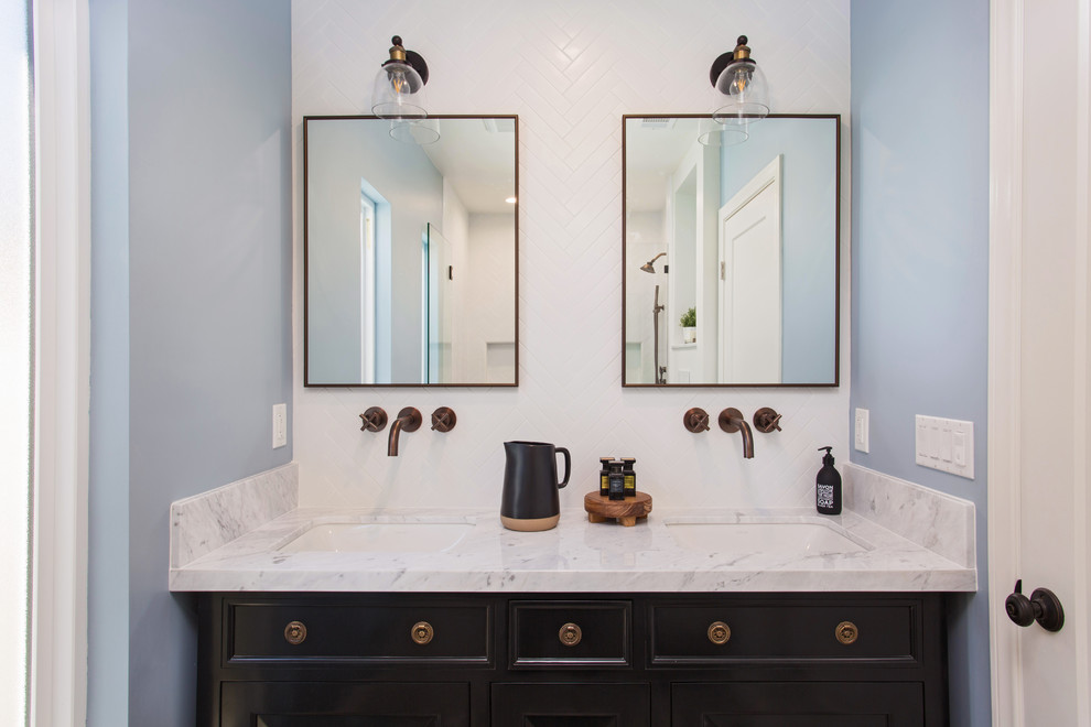 Alcove shower - mid-sized scandinavian 3/4 white tile and porcelain tile cement tile floor and black floor alcove shower idea in Los Angeles with furniture-like cabinets, black cabinets, a wall-mount toilet, gray walls, an undermount sink, marble countertops and a hinged shower door