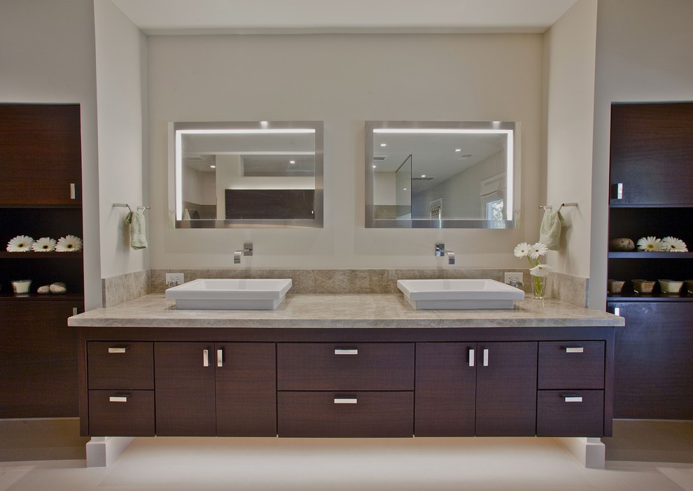 Bathroom - contemporary bathroom idea in Nashville with granite countertops and a vessel sink