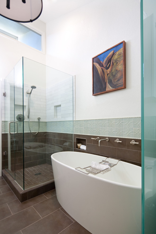 Large transitional master ceramic tile bathroom photo in Santa Barbara with white walls