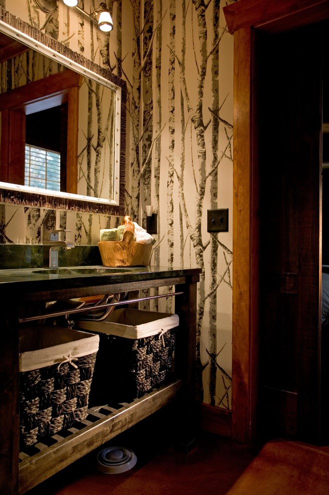 This is an example of a rustic bathroom in Minneapolis with multi-coloured walls.