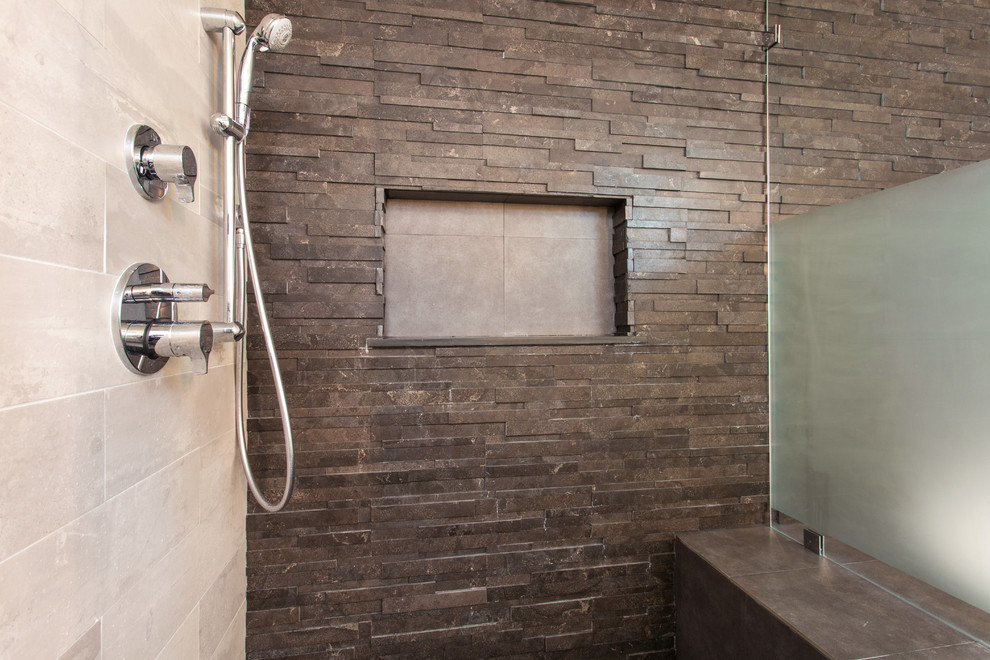 Corner shower - large transitional master black tile and slate tile ceramic tile and black floor corner shower idea in Los Angeles with shaker cabinets, white cabinets, a hot tub, a two-piece toilet, gray walls, an undermount sink, quartz countertops and a hinged shower door