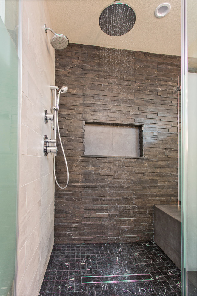 Example of a large transitional master black tile and slate tile ceramic tile and black floor corner shower design in Los Angeles with shaker cabinets, white cabinets, a hot tub, a two-piece toilet, gray walls, an undermount sink, quartz countertops and a hinged shower door