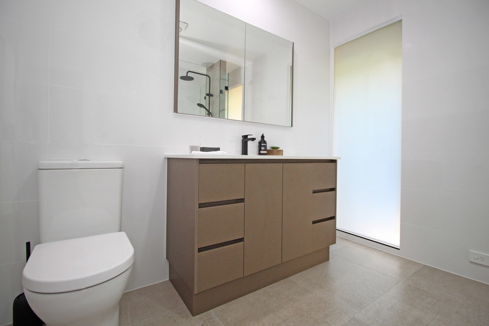 Matching Custom Vanity & Shaving in Woodgrain Modern