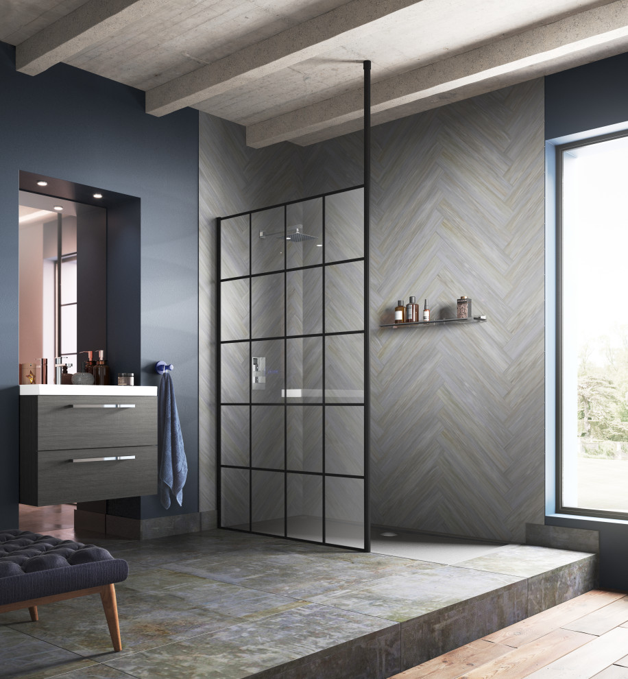 Design ideas for a small industrial ensuite bathroom with flat-panel cabinets, medium wood cabinets, a walk-in shower, grey tiles, grey walls, grey floors, an open shower, white worktops, a single sink, a floating vanity unit and exposed beams.