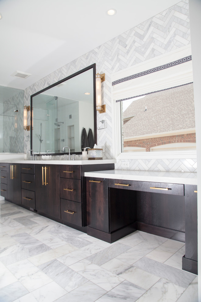 Bathroom - large contemporary master gray tile, white tile and stone tile marble floor and multicolored floor bathroom idea in Indianapolis with flat-panel cabinets, dark wood cabinets, white walls, an undermount sink and quartz countertops