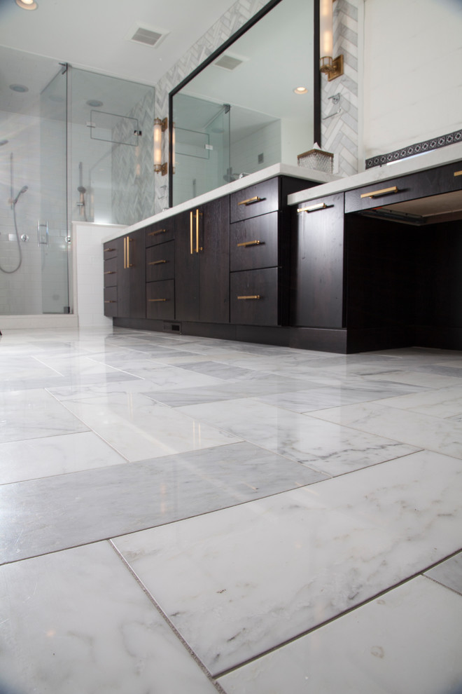 Large trendy master gray tile, white tile and stone tile marble floor and multicolored floor bathroom photo in Indianapolis with flat-panel cabinets, dark wood cabinets, white walls, an undermount sink and quartz countertops