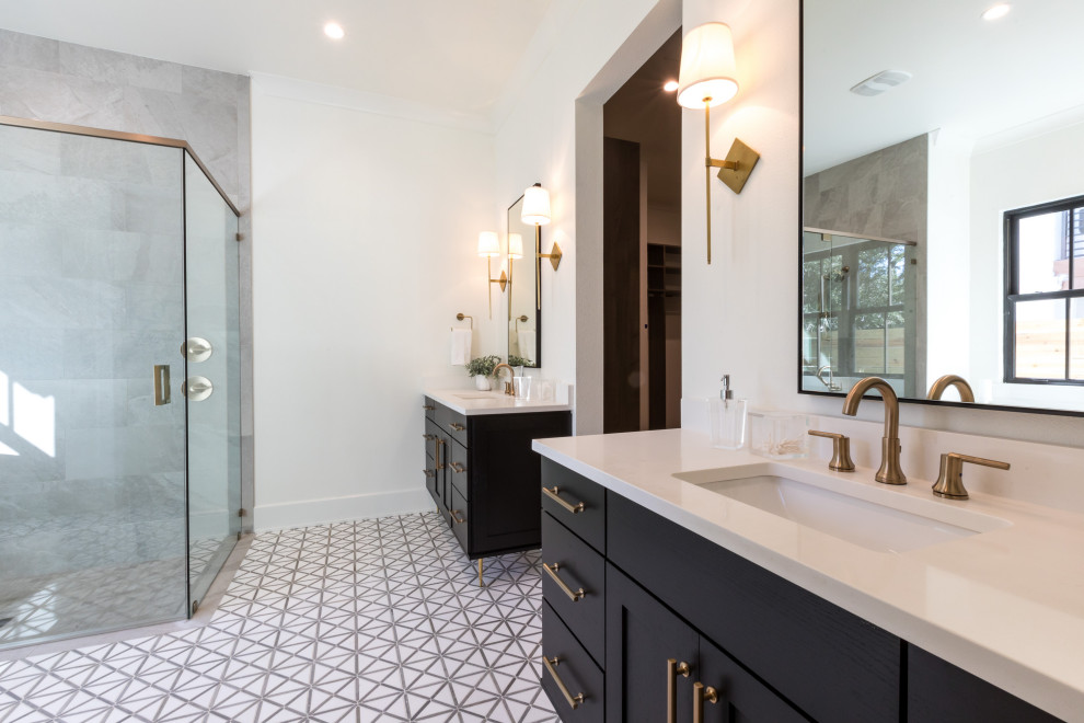 Inspiration for a mid-sized farmhouse master white tile and ceramic tile marble floor, black floor and single-sink bathroom remodel in Orlando with shaker cabinets, black cabinets, a two-piece toilet, white walls, an undermount sink, quartz countertops, a hinged shower door, beige countertops and a freestanding vanity