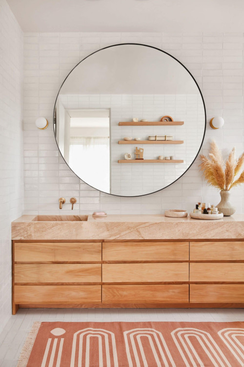 Eclectic Essence: Wooden Vanity and Stone Countertop Define This Bathroom Mirror Ideas Tale