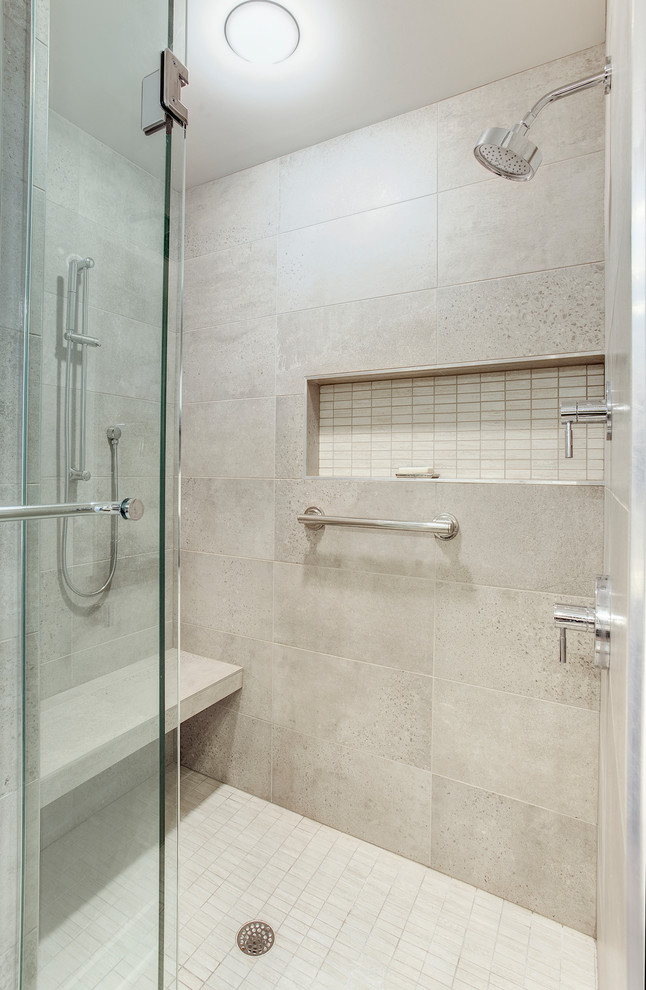 Photo of a medium sized contemporary shower room bathroom in Minneapolis with a trough sink, an alcove shower and grey tiles.