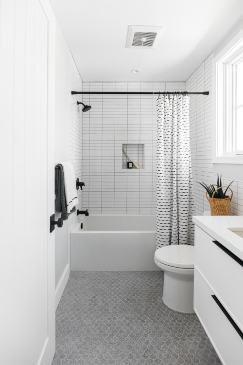 Serene Sophistication: Gray Scallop Floor Tiles with White and Gray Bathroom Curtain Inspirations