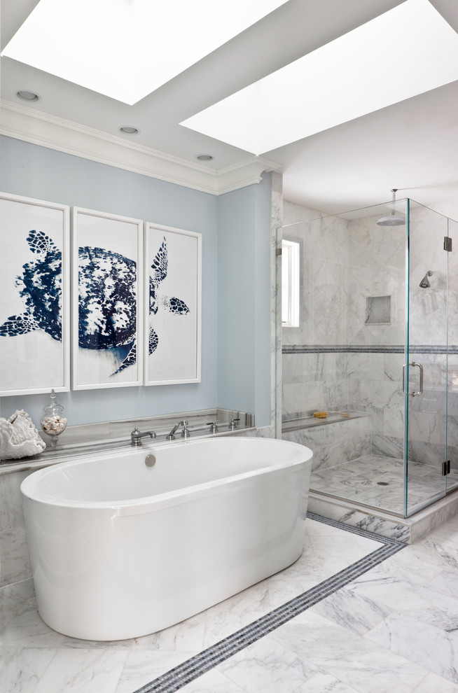 Inspiration for a coastal ensuite bathroom in DC Metro with a freestanding bath, a corner shower and blue walls.
