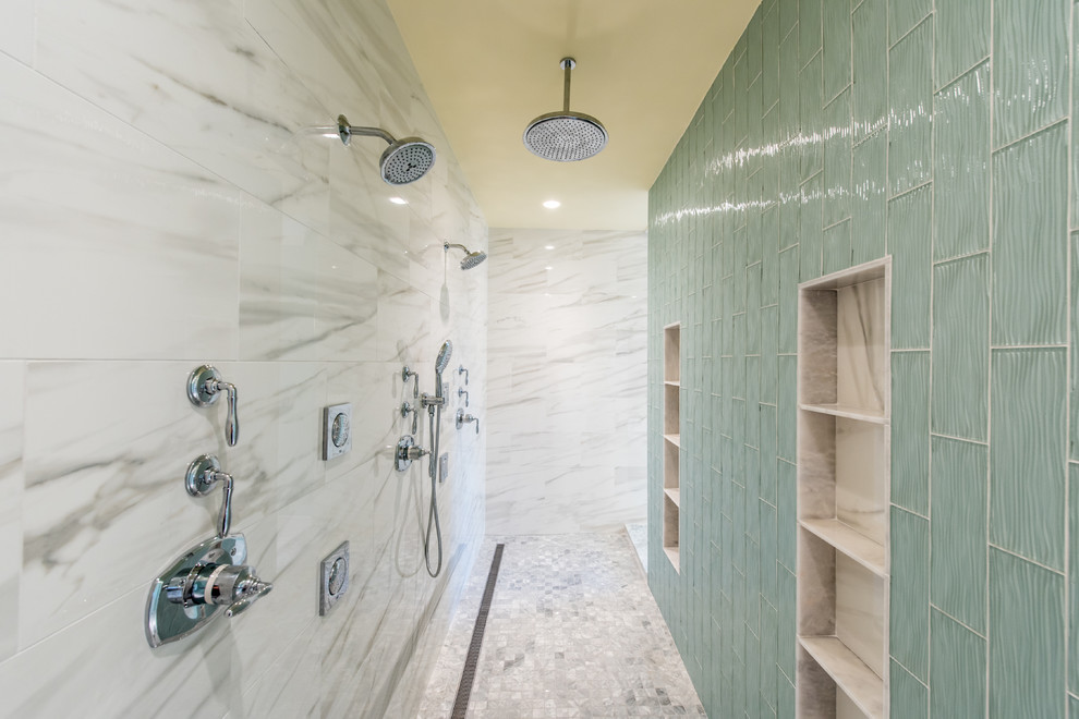Inspiration for a large classic ensuite bathroom in DC Metro with raised-panel cabinets, white cabinets, a claw-foot bath, a walk-in shower, a two-piece toilet, blue tiles, marble tiles, blue walls, marble flooring, a submerged sink, granite worktops, grey floors and an open shower.