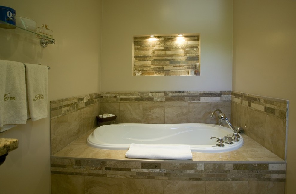 Design ideas for a medium sized contemporary ensuite bathroom in Other with a built-in bath, beige walls, beaded cabinets, dark wood cabinets, an alcove shower, beige tiles, ceramic tiles, ceramic flooring, a submerged sink and granite worktops.