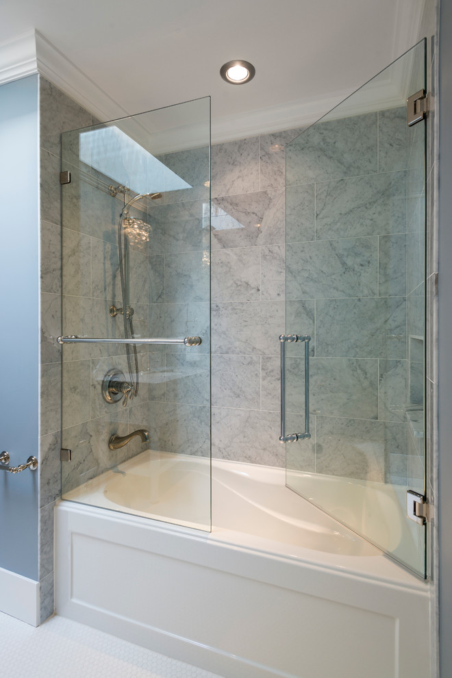 Photo of a medium sized traditional family bathroom in Vancouver with shaker cabinets, white cabinets, an alcove bath, a corner shower, a one-piece toilet, multi-coloured tiles, stone tiles, blue walls, porcelain flooring and a submerged sink.