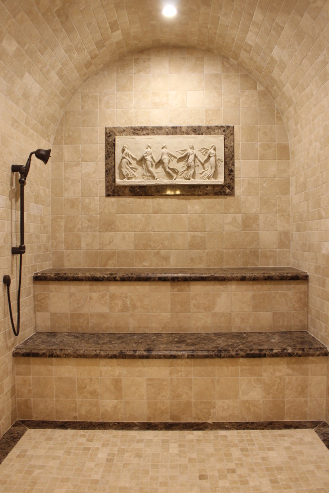This is an example of a large mediterranean bathroom in San Luis Obispo with marble worktops, beige tiles, stone tiles, travertine flooring and beige walls.