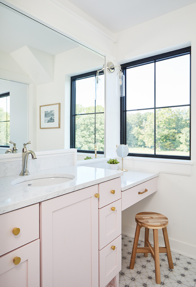 Farmhouse kids' ceramic tile, gray floor and single-sink bathroom photo in Grand Rapids with white walls, an undermount sink, marble countertops, white countertops, a built-in vanity and shaker cabinets