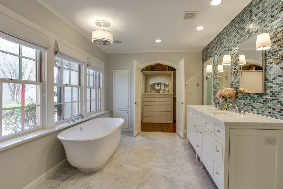Bathroom - transitional master blue tile marble floor bathroom idea in Dallas with beaded inset cabinets, white cabinets, gray walls, an undermount sink and marble countertops
