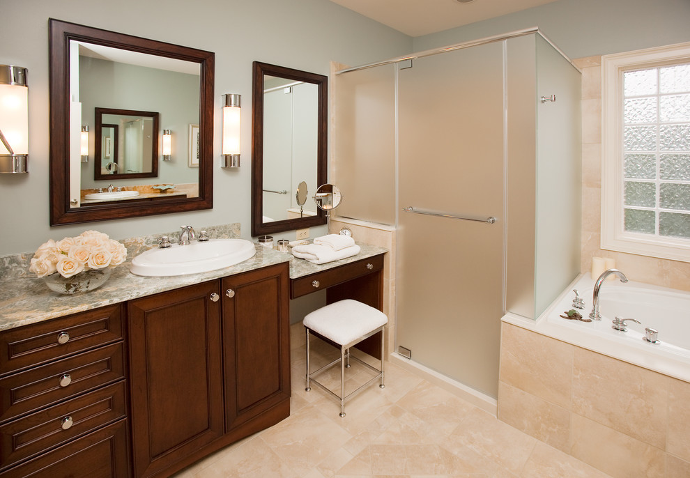 This is an example of a large classic ensuite bathroom in Raleigh with a built-in sink, beaded cabinets, beige cabinets, quartz worktops, a built-in bath, an alcove shower, beige tiles, ceramic tiles, blue walls and ceramic flooring.