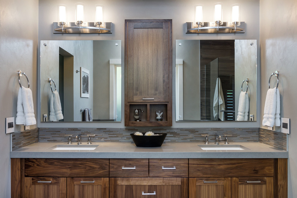 Example of a large minimalist master gray tile and mosaic tile porcelain tile bathroom design in Other with an undermount sink, shaker cabinets, medium tone wood cabinets, quartz countertops, a two-piece toilet and gray walls
