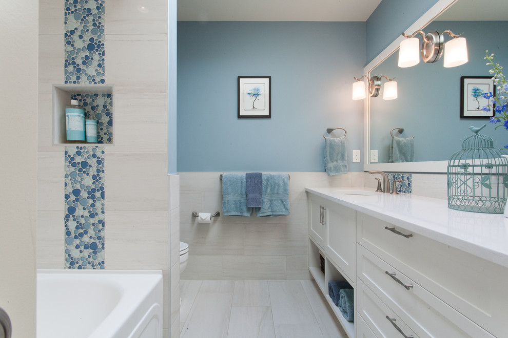 Inspiration for a transitional beige floor bathroom remodel in Vancouver with white cabinets and white countertops