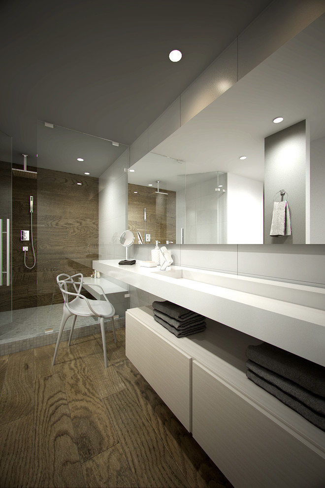 Large contemporary ensuite wet room bathroom in Miami with flat-panel cabinets, white cabinets, brown tiles, porcelain tiles, white walls, a trough sink, engineered stone worktops and a hinged door.