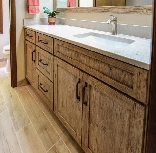 Medallion Knotty Alder Bathroom Vanity and Eternia Quartz Countertop