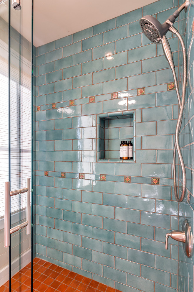 Example of a tuscan kids' green tile and subway tile terra-cotta tile alcove shower design in San Francisco with an undermount sink, flat-panel cabinets, medium tone wood cabinets, quartzite countertops and beige walls