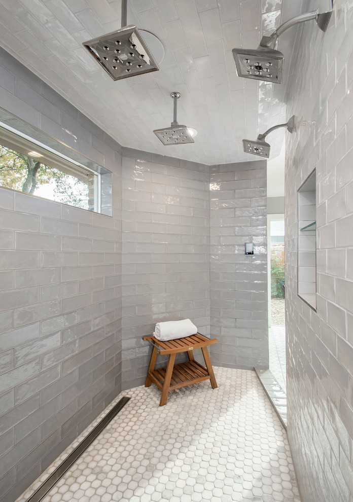 This is an example of a large traditional ensuite bathroom in Dallas with light wood cabinets, a walk-in shower, grey tiles, cement tiles, grey walls, quartz worktops, an open shower and mosaic tile flooring.