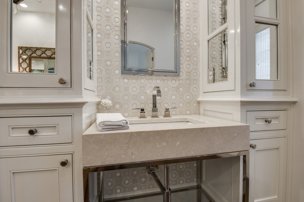 This is an example of a large classic ensuite bathroom in Dallas with recessed-panel cabinets, white cabinets, an alcove shower, beige tiles, mosaic tiles, brown walls, dark hardwood flooring, a wall-mounted sink, soapstone worktops, brown floors and a hinged door.