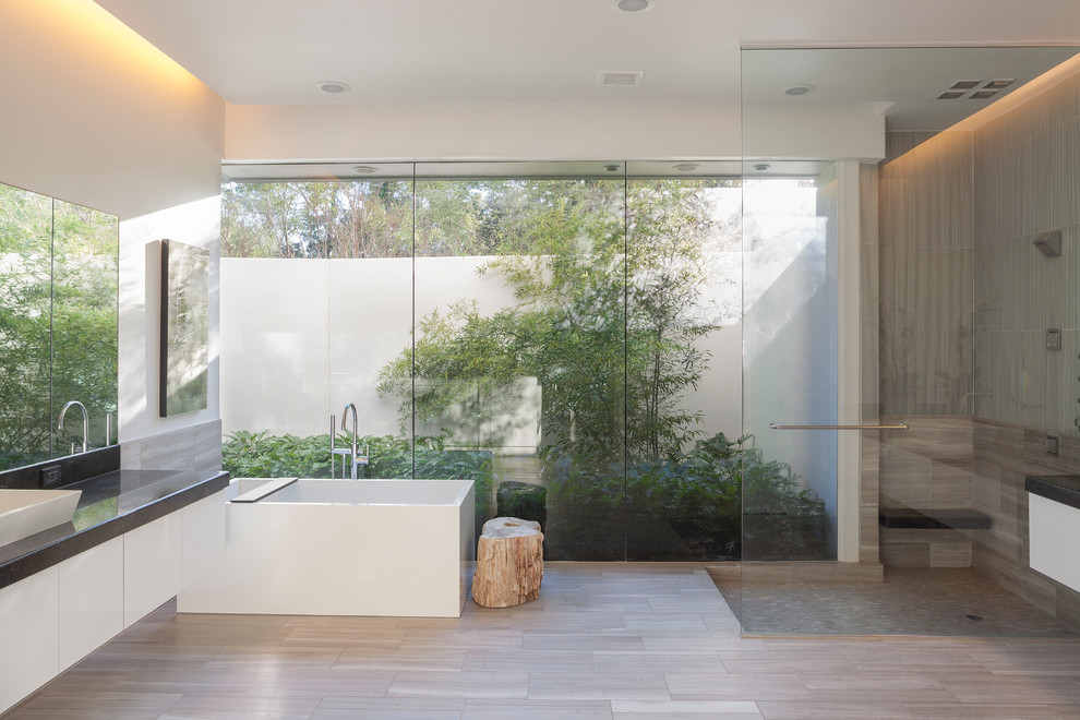 Example of a large minimalist master bathroom design in Houston with a vessel sink