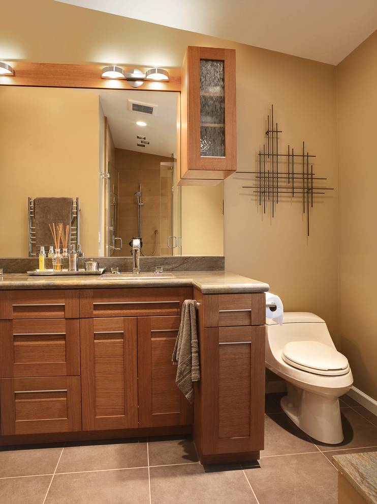 Imagen de cuarto de baño actual con puertas de armario de madera oscura