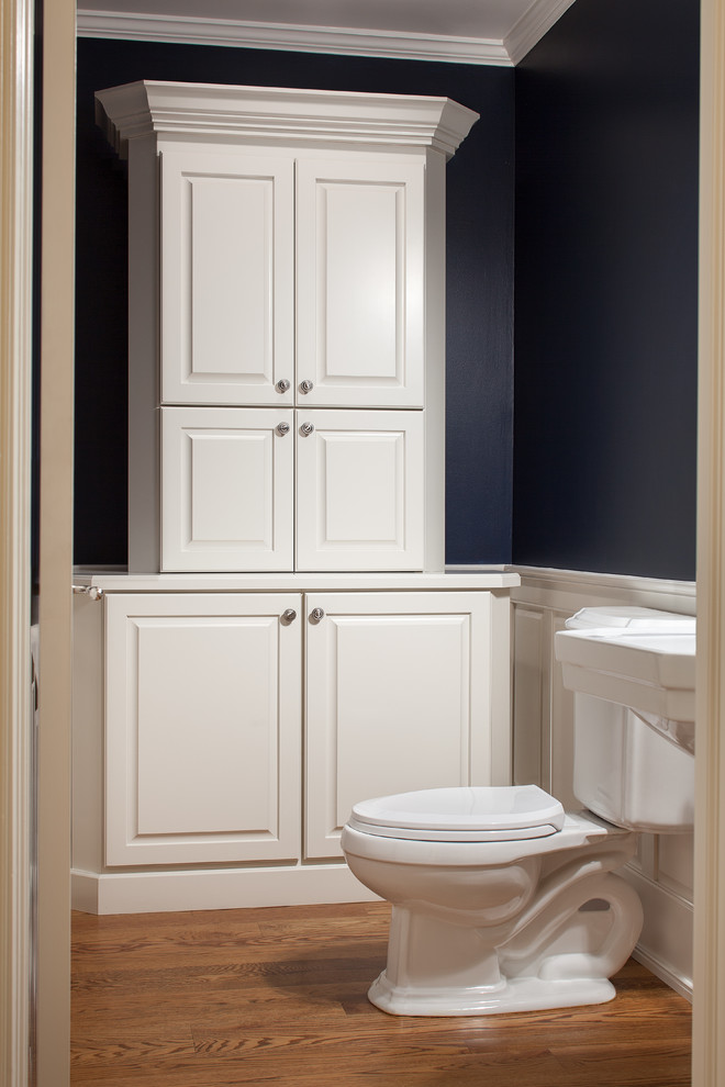 Idéer för att renovera ett mellanstort vintage badrum med dusch, med luckor med infälld panel, vita skåp, en toalettstol med hel cisternkåpa, blå väggar, ljust trägolv, ett piedestal handfat och rött golv
