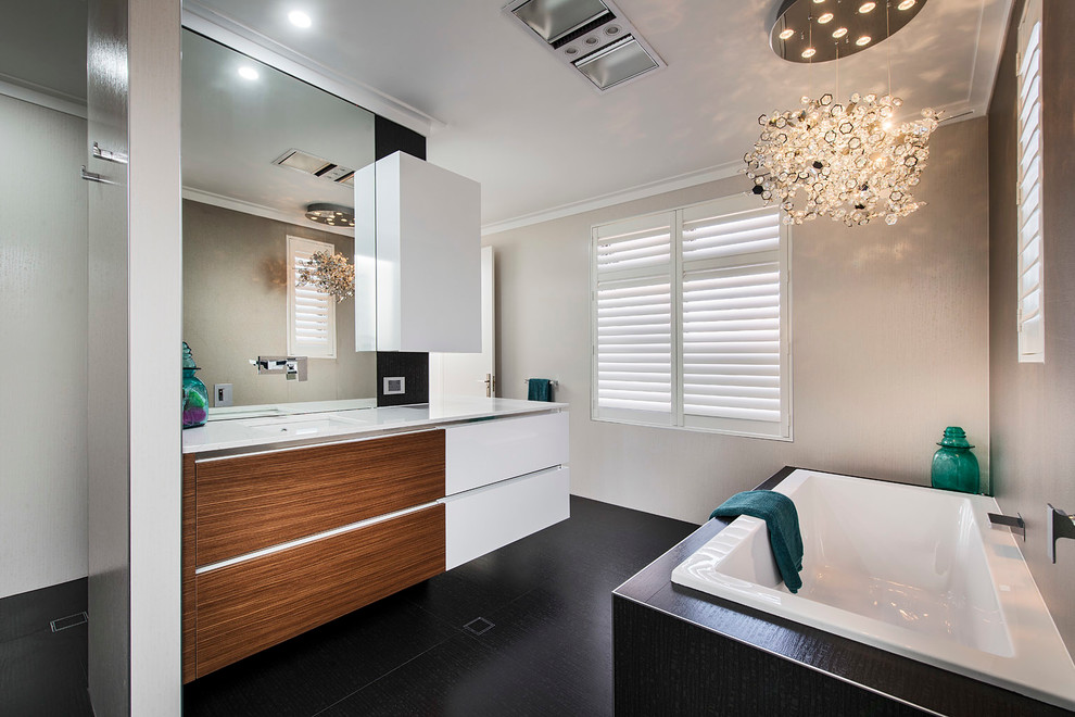 Inspiration for a bathroom in Perth with flat-panel cabinets, medium wood cabinets, a built-in bath, a walk-in shower and an open shower.