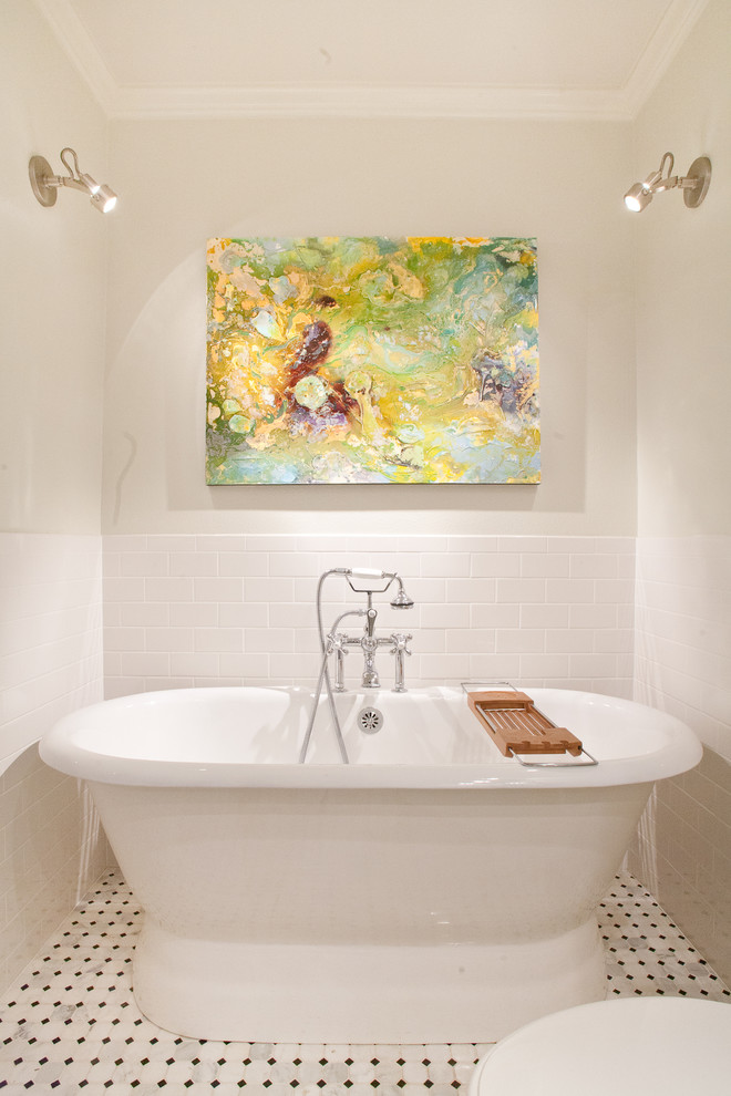 Medium sized modern shower room bathroom in Dallas with metro tiles, flat-panel cabinets, white cabinets, a freestanding bath, a two-piece toilet, white tiles, white walls, marble flooring, a submerged sink, marble worktops and multi-coloured floors.