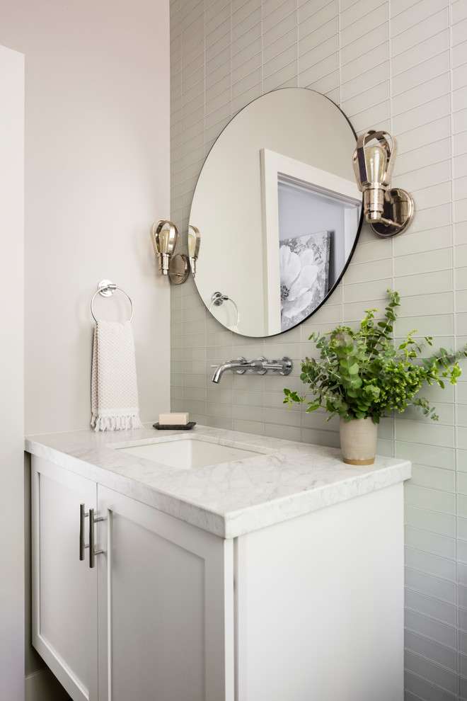 Mid-sized cottage gray tile and glass tile bathroom photo in Seattle with shaker cabinets, white cabinets, gray walls, an undermount sink, white countertops and marble countertops