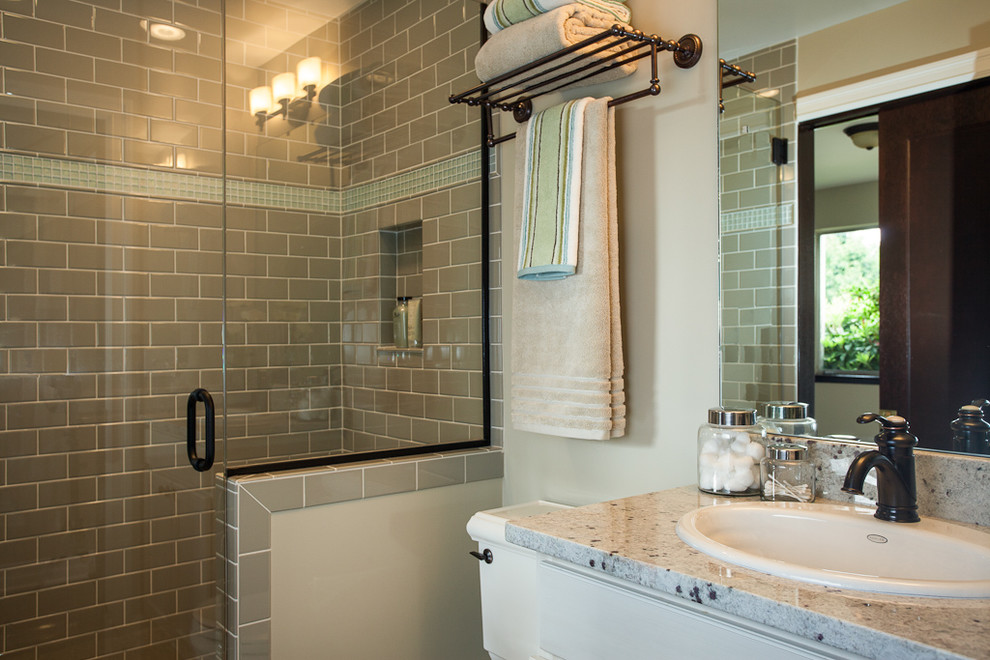 Example of a mid-sized trendy master single-sink bathroom design in Seattle with flat-panel cabinets, an undermount sink, granite countertops and a built-in vanity