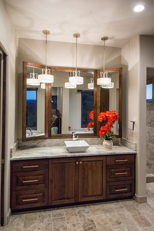 Mid-sized transitional 3/4 gray tile, white tile and marble tile ceramic tile and gray floor bathroom photo in Salt Lake City with raised-panel cabinets, dark wood cabinets, a one-piece toilet, white walls, a pedestal sink and soapstone countertops
