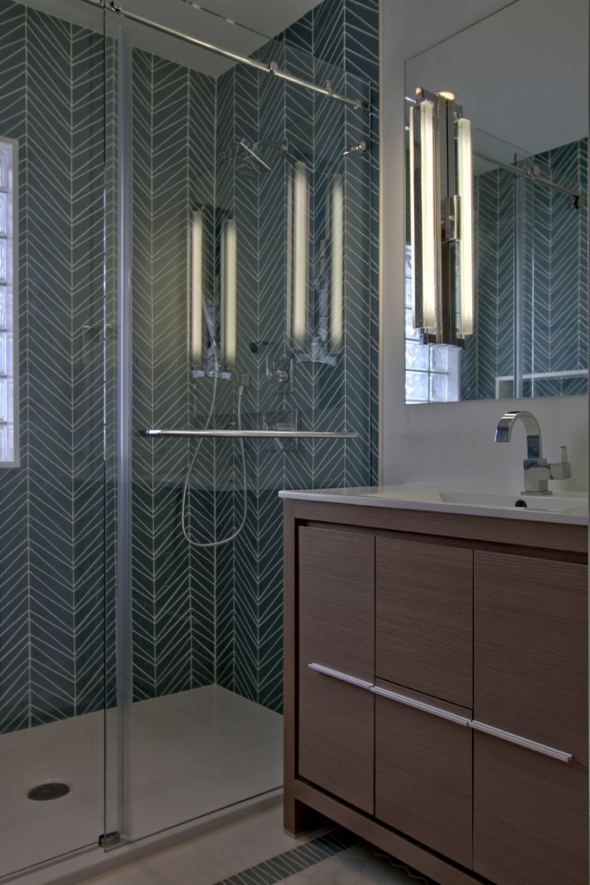 Inspiration for a small transitional master blue tile and glass tile marble floor and white floor bathroom remodel in Indianapolis with furniture-like cabinets, gray cabinets, a two-piece toilet, white walls and an integrated sink