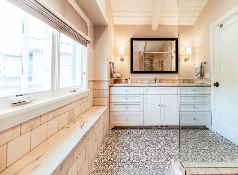 Small traditional ensuite bathroom in Santa Barbara with shaker cabinets, white cabinets, a freestanding bath, an alcove shower, beige tiles, mosaic tile flooring, a console sink, quartz worktops, multi-coloured floors and a hinged door.