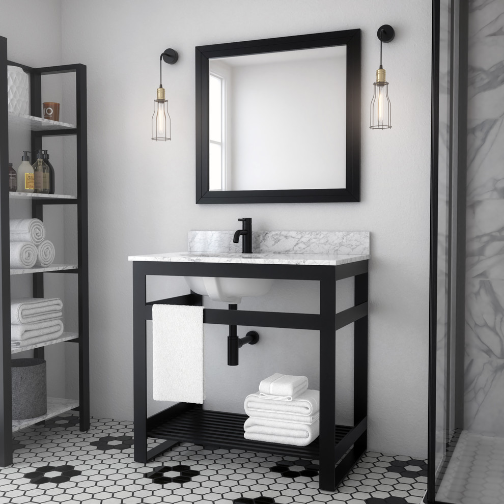 Идея дизайна: маленькая ванная комната в стиле лофт с открытыми фасадами, черными фасадами, душевой кабиной, врезной раковиной, мраморной столешницей и белой столешницей для на участке и в саду