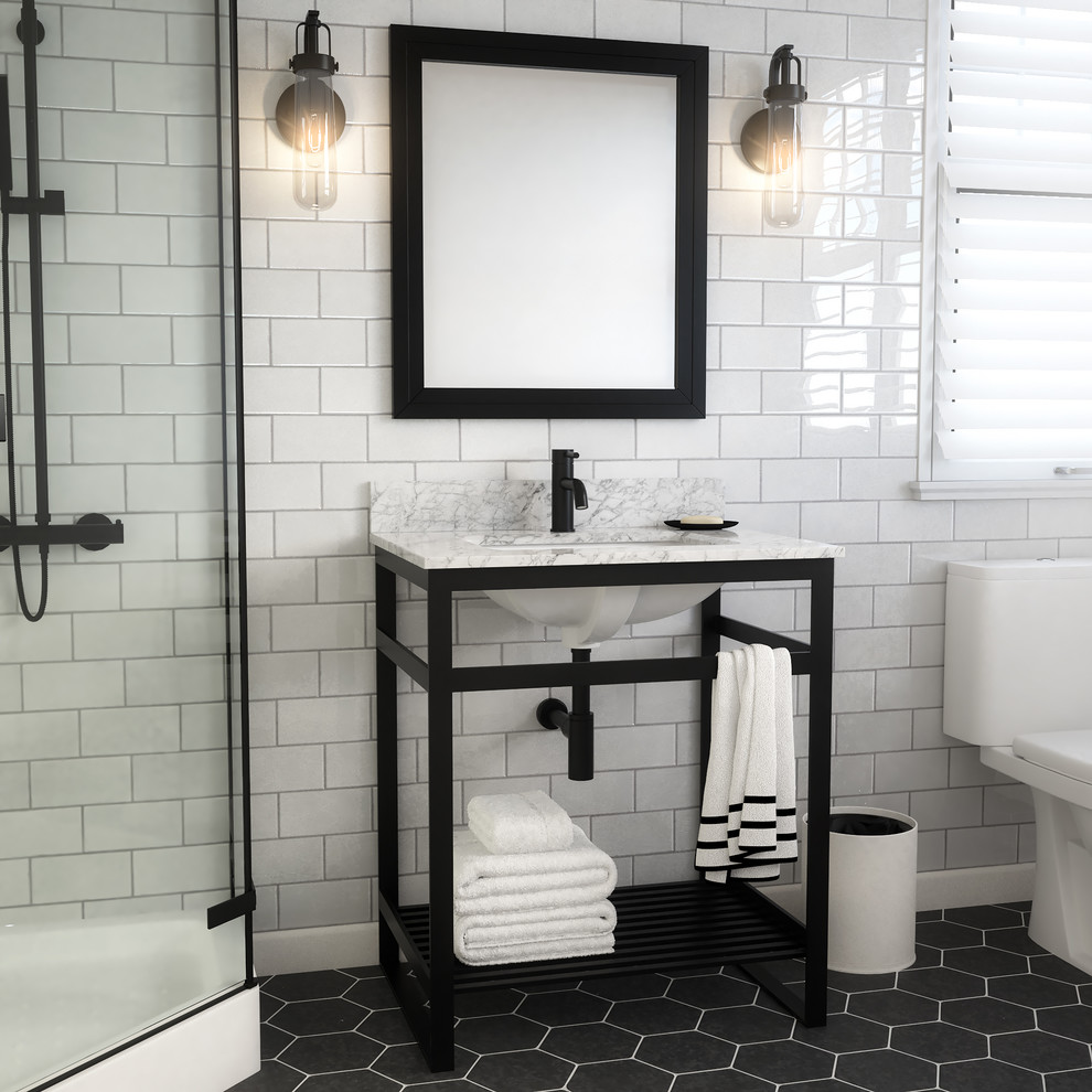 Ispirazione per una piccola stanza da bagno con doccia industriale con nessun'anta, ante nere, lavabo sottopiano, top in marmo e top bianco